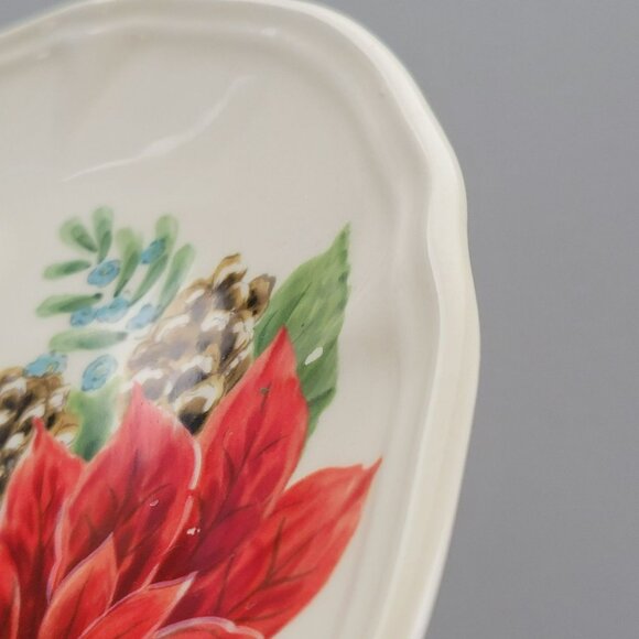 Winter Poinsettia Salad Plate, Set of 2, Cabin in Snow, Pinecone & Floral Design - Picture 6 of 10